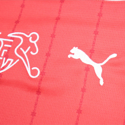 Close-up of Puma logo and pinstripe fabric pattern on Switzerland shirt