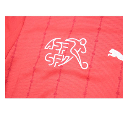 Close-up of Swiss Football Association crest and Puma logo on sleeve