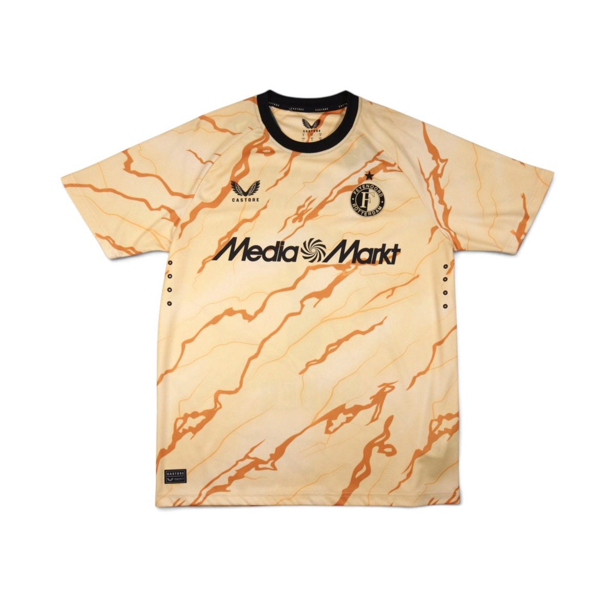 Feyenoord 2024/25 fourth shirt front, cream with orange marble pattern and MediaMarkt sponsor