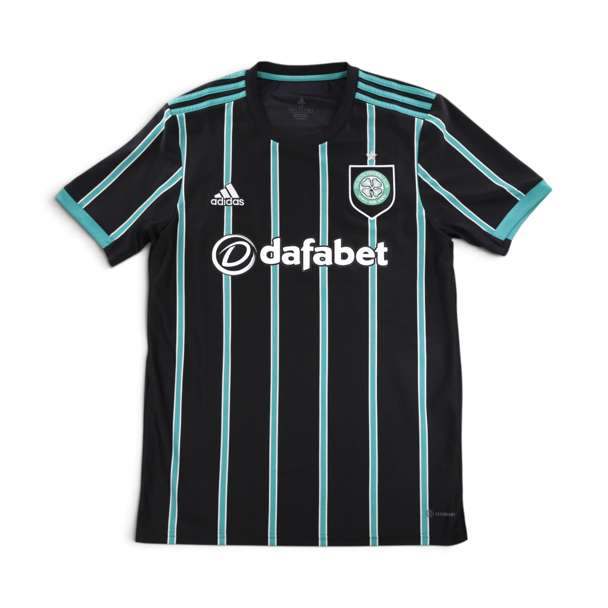 Celtic 2022/23 away shirt, black with teal pinstripes, adidas and Dafabet branding on the front