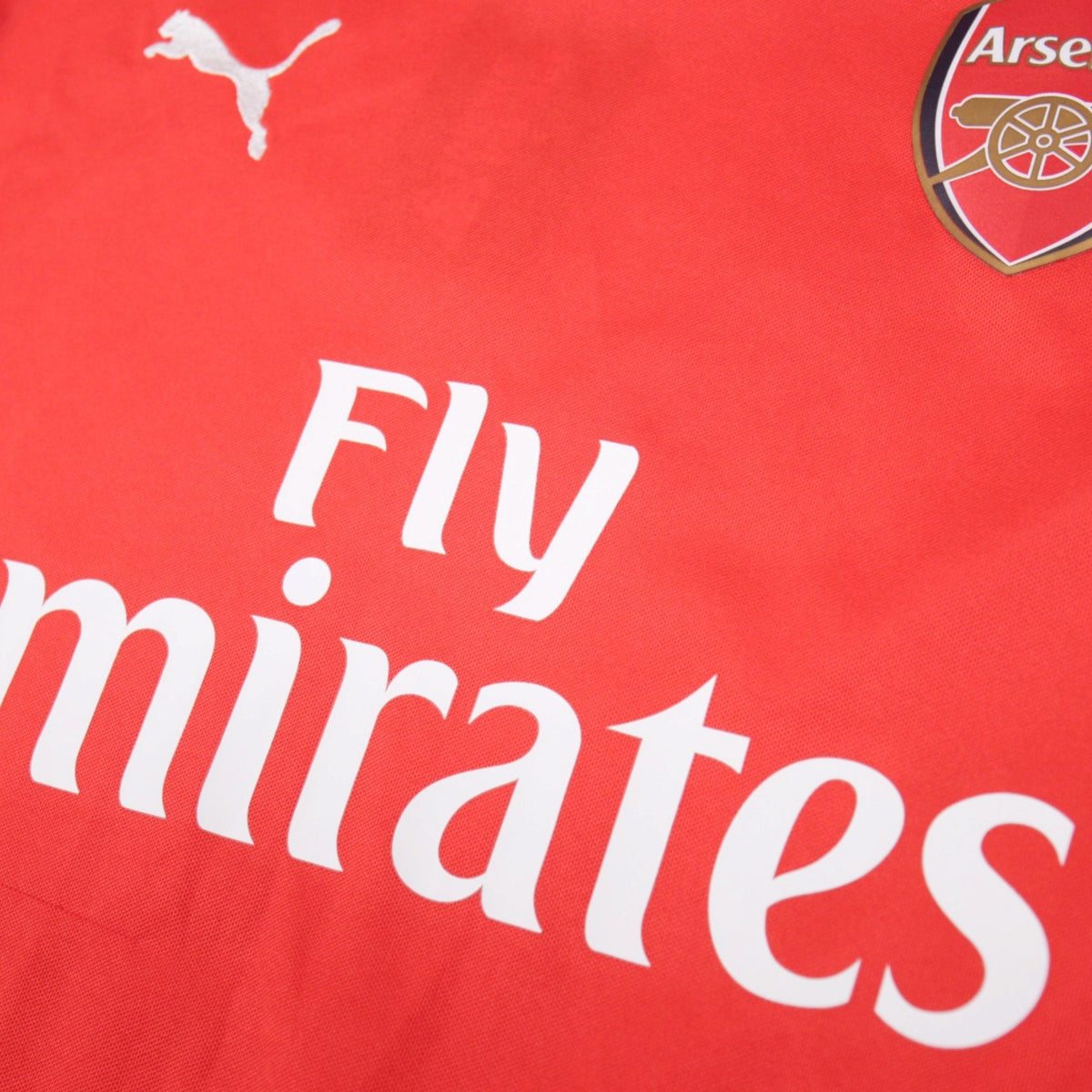 Close-up of Fly Emirates sponsor and Arsenal crest on chest