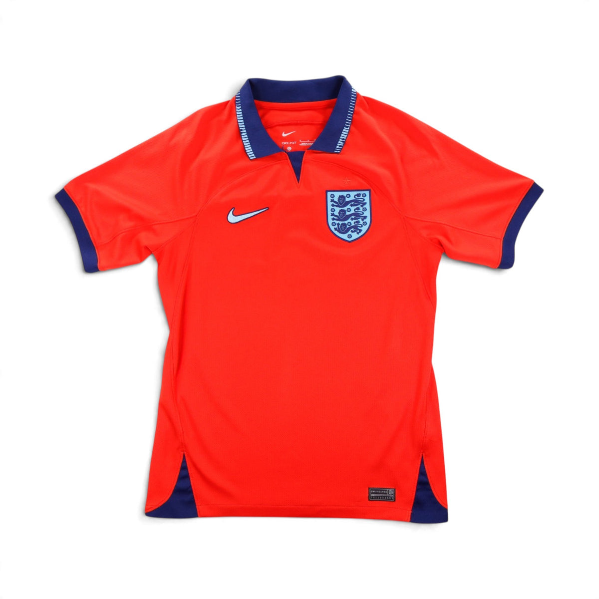 England 2022/23 away shirt, front view, red with navy collar and cuffs