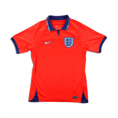 England 2022/23 away shirt, front view, red with navy collar and cuffs