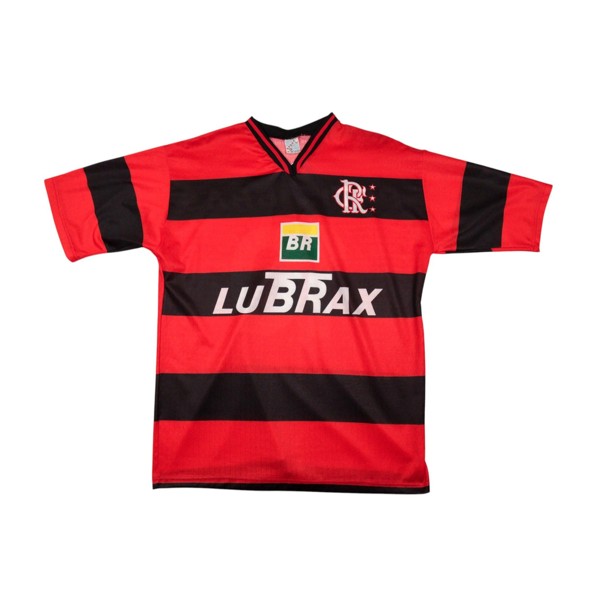 Flamengo 1999 home shirt front, red and black stripes with BR and Lubrax sponsor logos