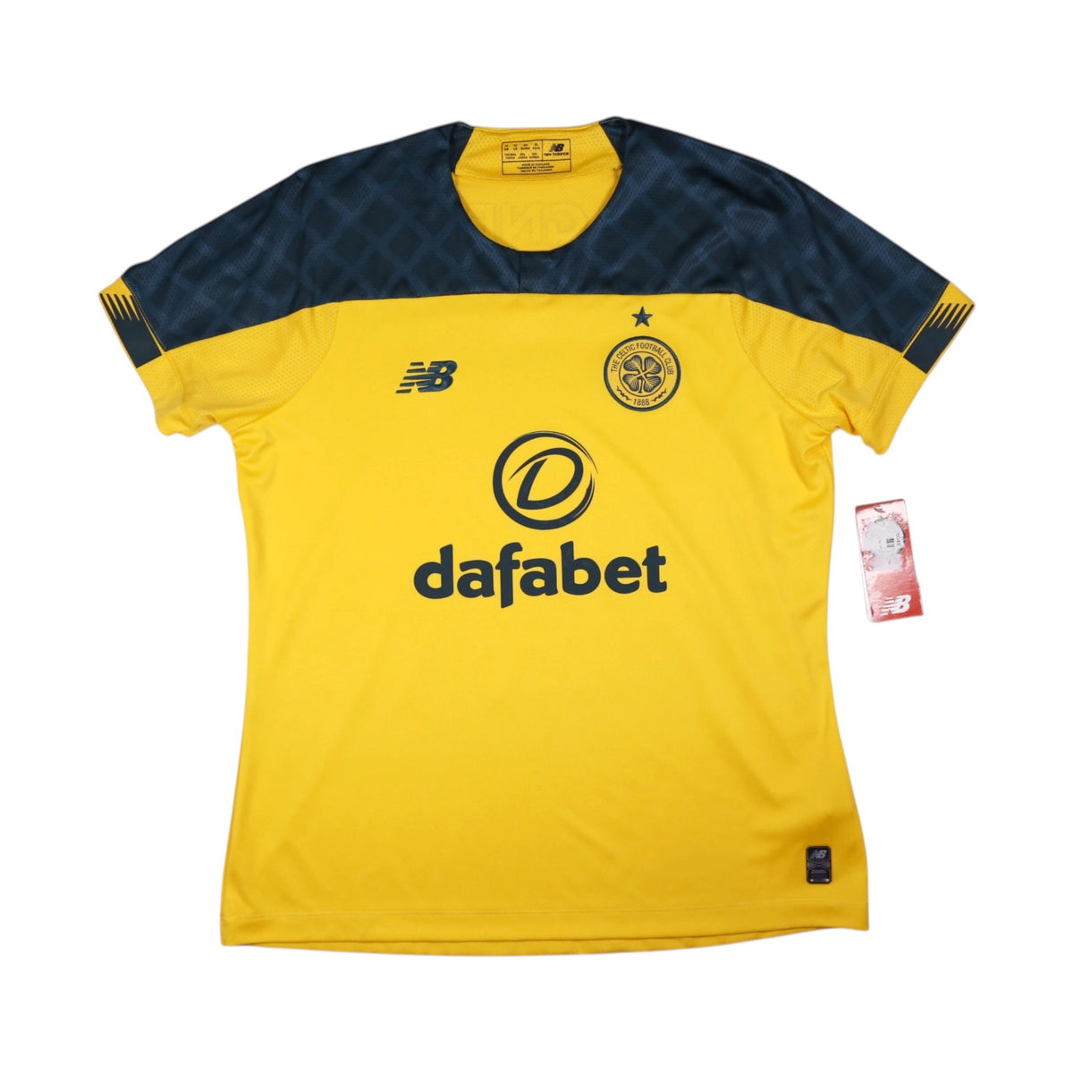 2019/20 Celtic away shirt front, yellow with navy shoulder panels and Dafabet sponsor