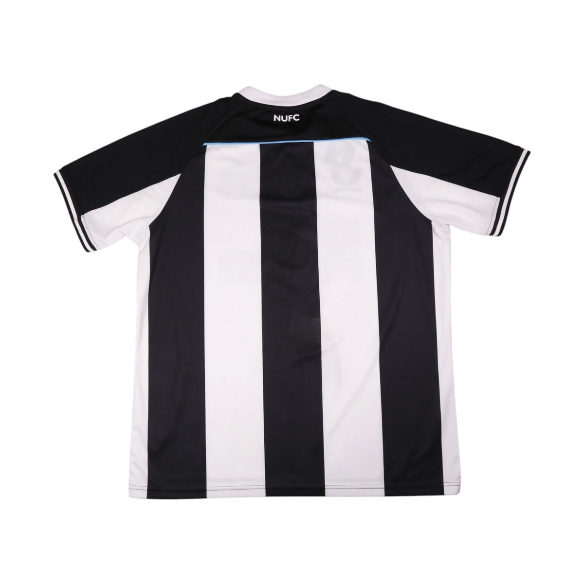 Back of Newcastle United 2021/22 home shirt showing NUFC print and black and white stripes
