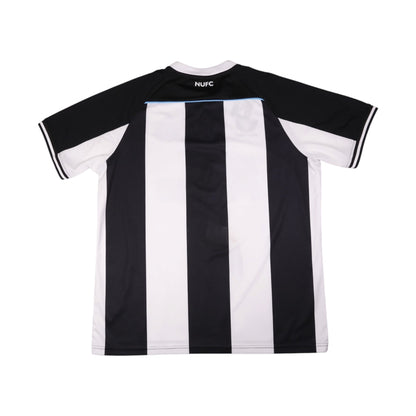 Back of Newcastle United 2021/22 home shirt showing NUFC print and black and white stripes