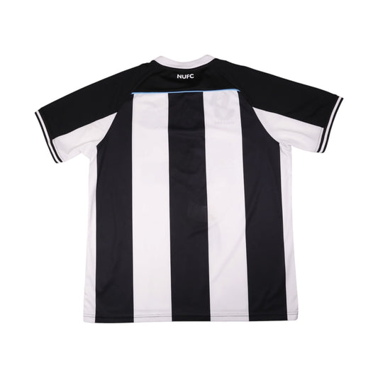 Back of Newcastle United 2021/22 home shirt showing NUFC print and black and white stripes