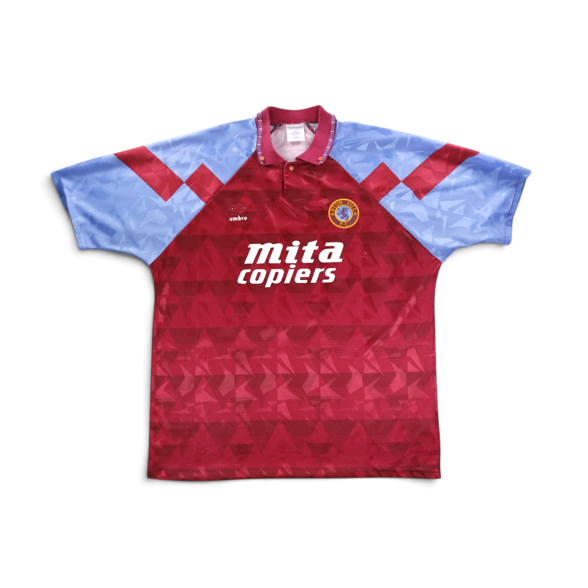 Aston Villa 1990/92 home shirt front view with Mita Copiers sponsor and crest