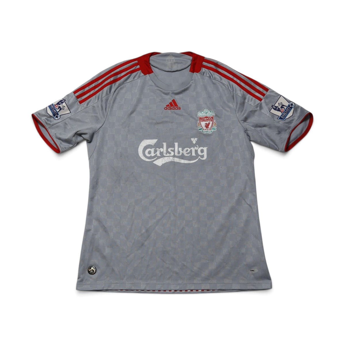 Liverpool 2008-10 third shirt front view, grey with red trim and Carlsberg sponsor