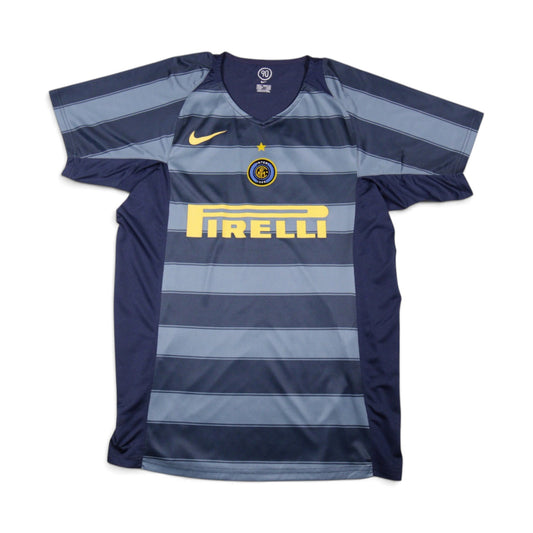 2004/05 Inter Milan third shirt front view, navy and grey hoops with Pirelli sponsor
