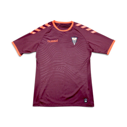 2016/17 Albacete Balompié away shirt by hummel, front view, maroon with orange trim