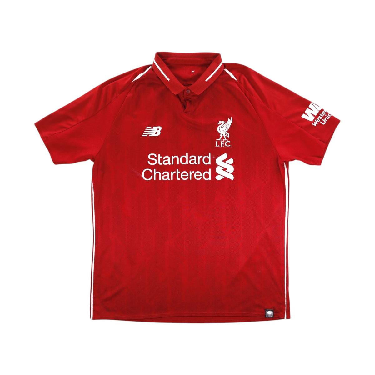 Liverpool 2018/19 home shirt front view with Standard Chartered sponsor and New Balance logo