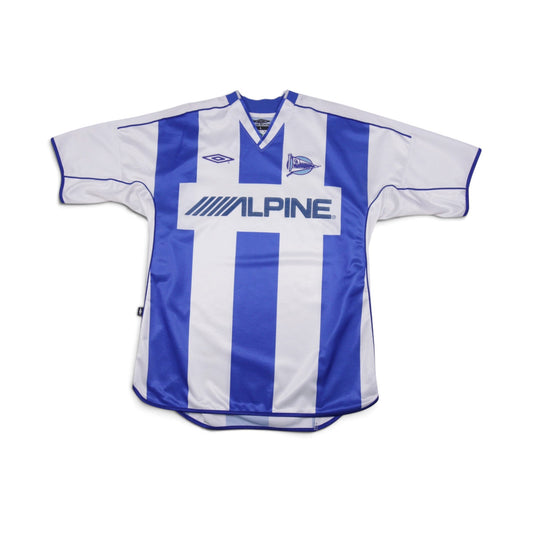 2002/03 Deportivo Alavés home shirt front view, blue and white stripes with Alpine sponsor