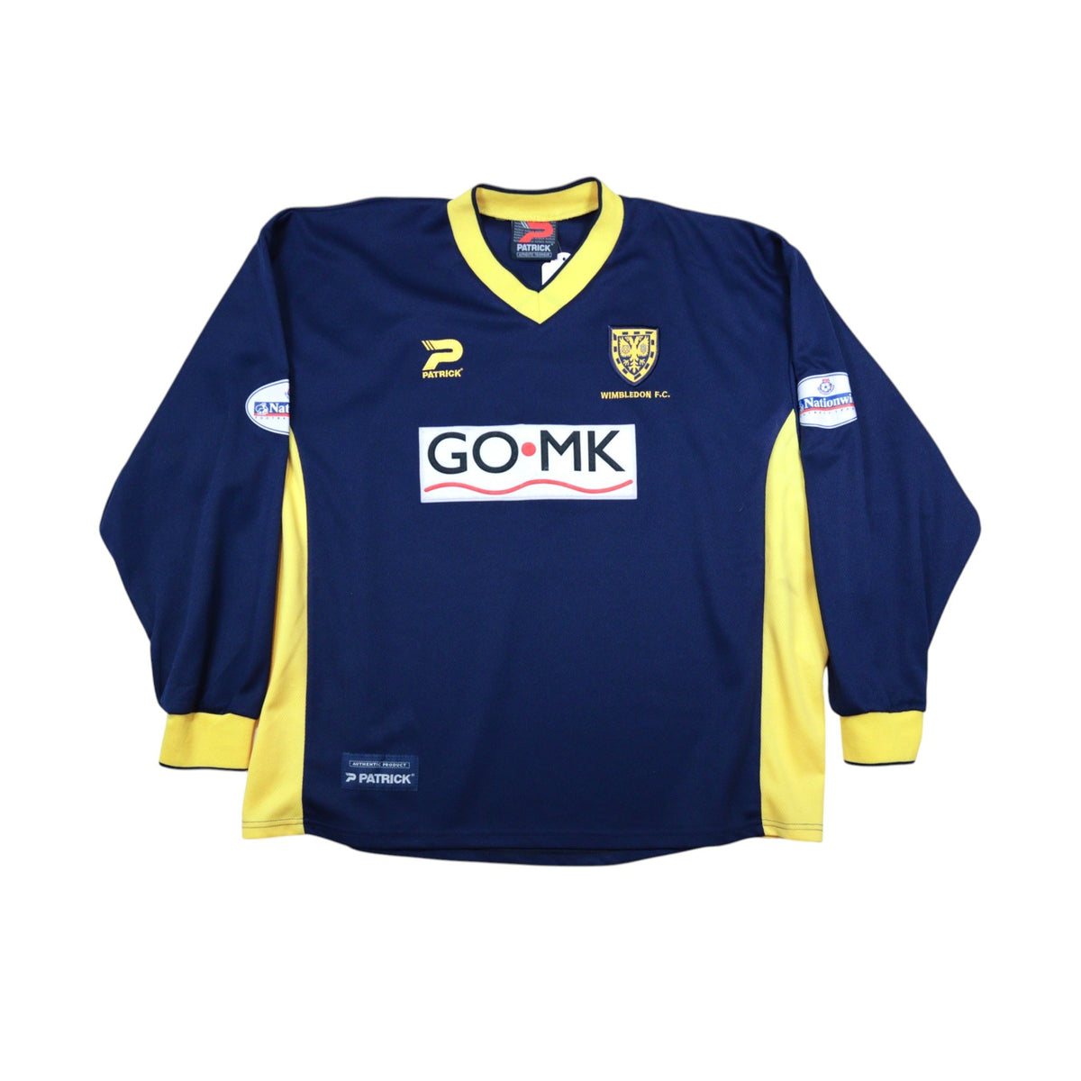 Wimbledon FC navy home shirt with yellow trim and GO·MK sponsor on the front