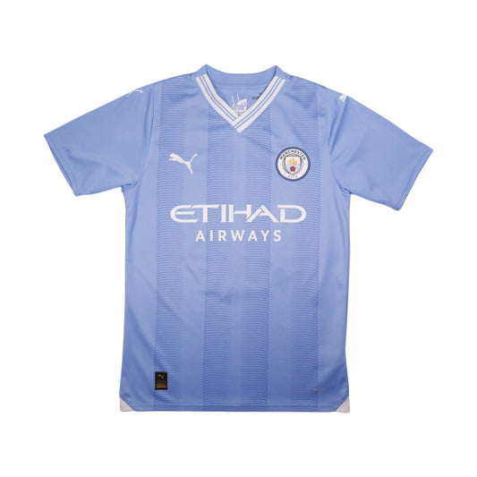 Manchester City 2023/24 home shirt front view with Etihad Airways sponsor and crest