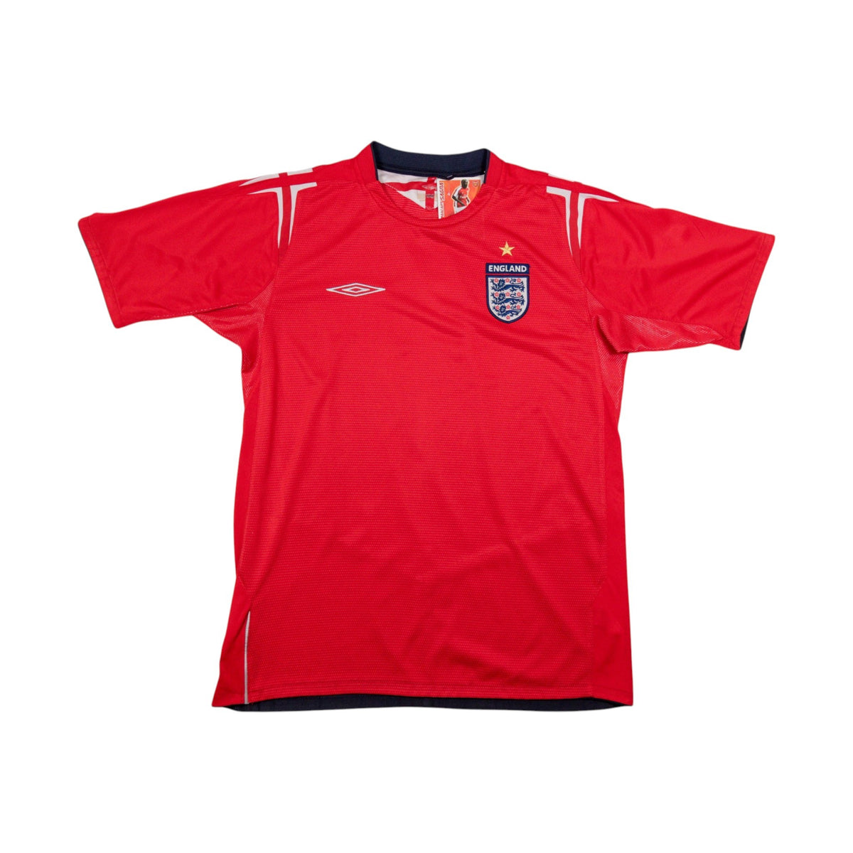 2004/06 England away shirt front view, red with Umbro logo and England crest