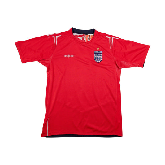 2004/06 England away shirt front view, red with Umbro logo and England crest
