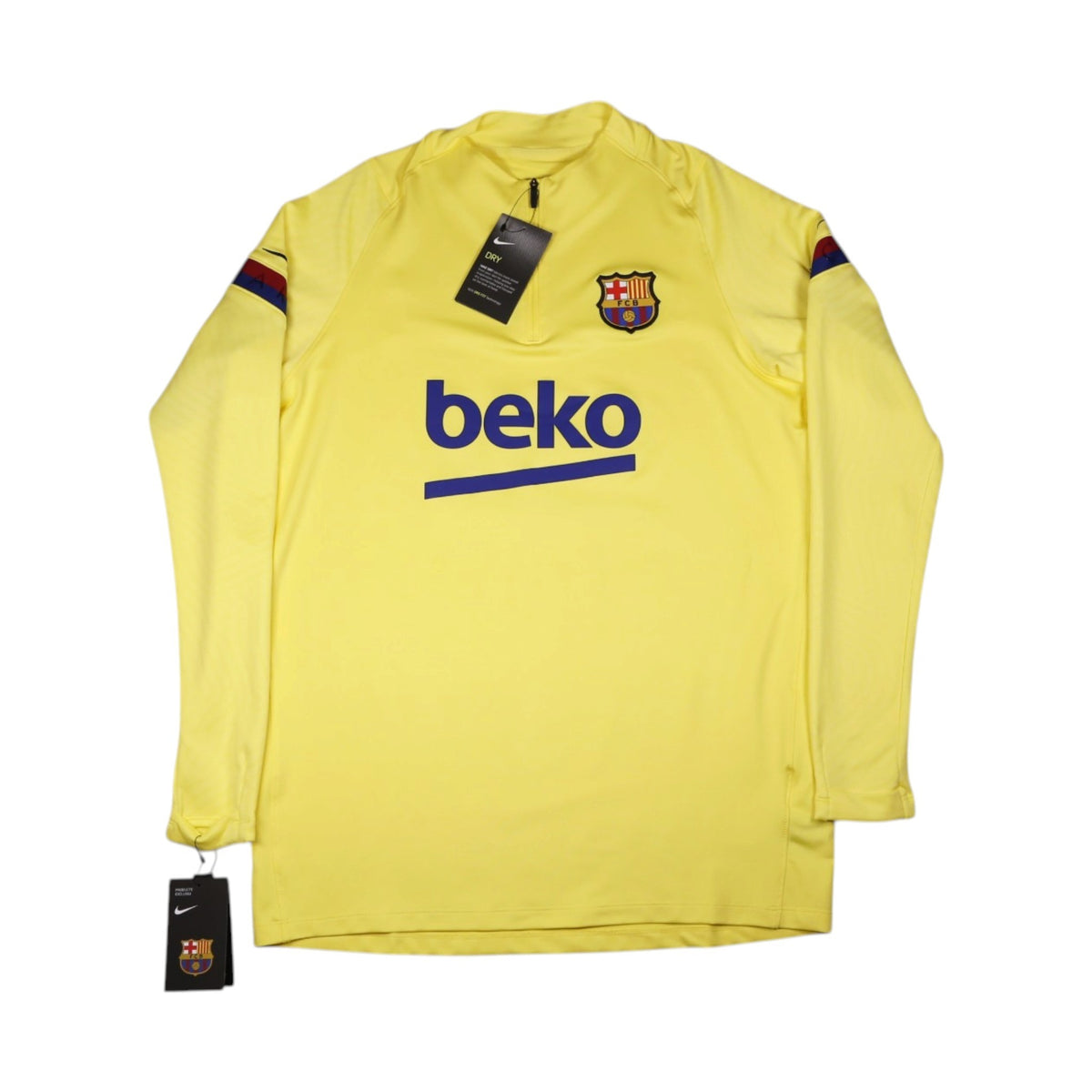 Barcelona 2019/20 Nike training top front view, yellow with Beko sponsor and crest