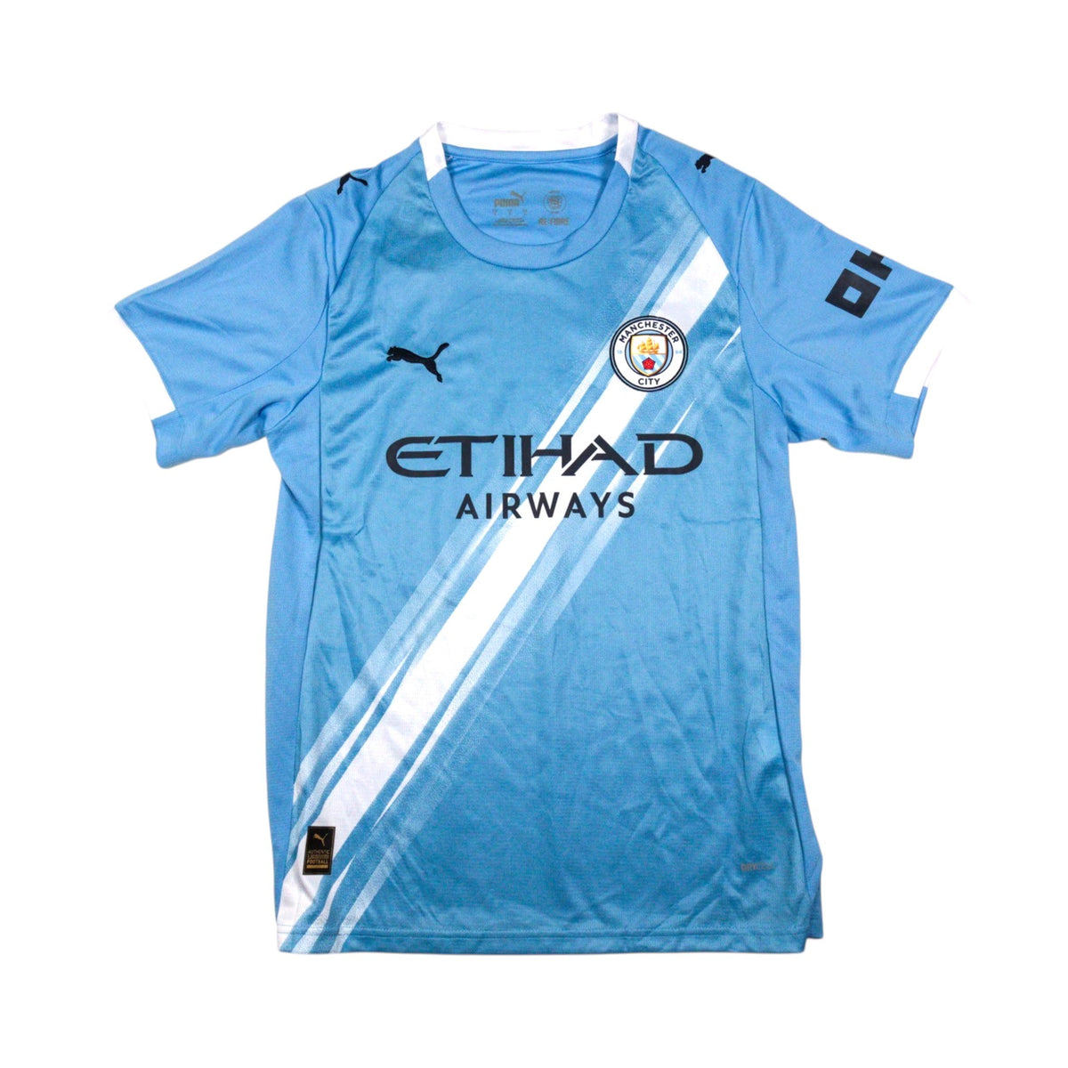 Front of the 2025/26 Manchester City home shirt by Puma with Etihad Airways sponsor