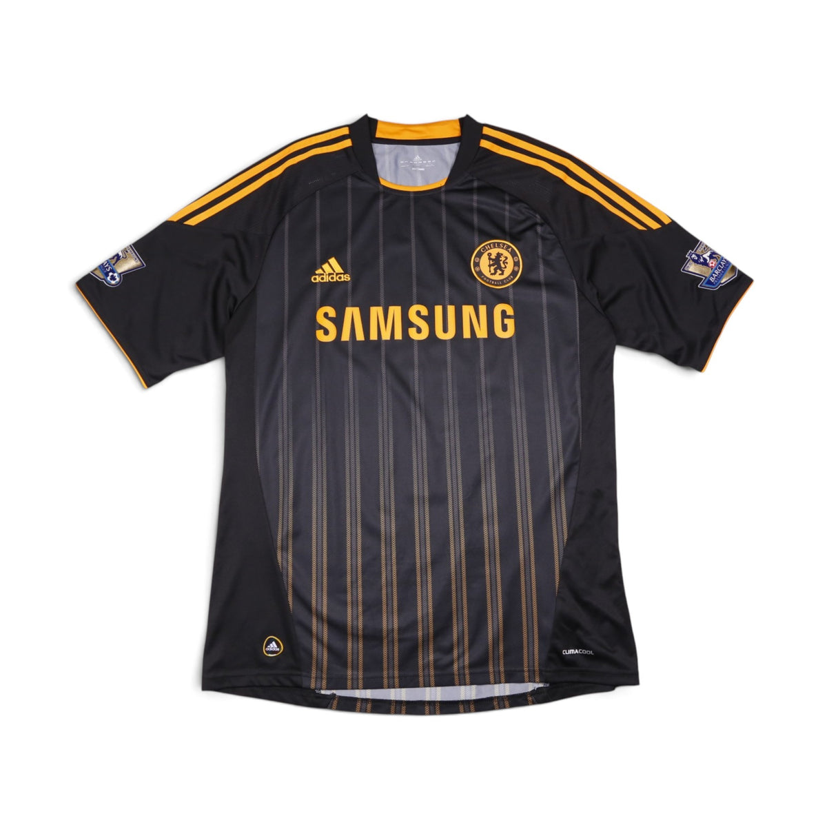 Chelsea 2010/11 away shirt front view, adidas, Samsung sponsor, black with orange trim