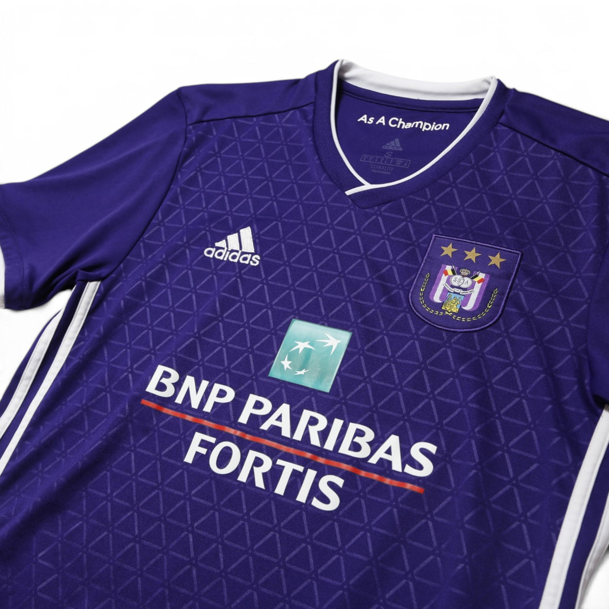 2018/19 Anderlecht home shirt close-up of crest, adidas logo, and sponsor print