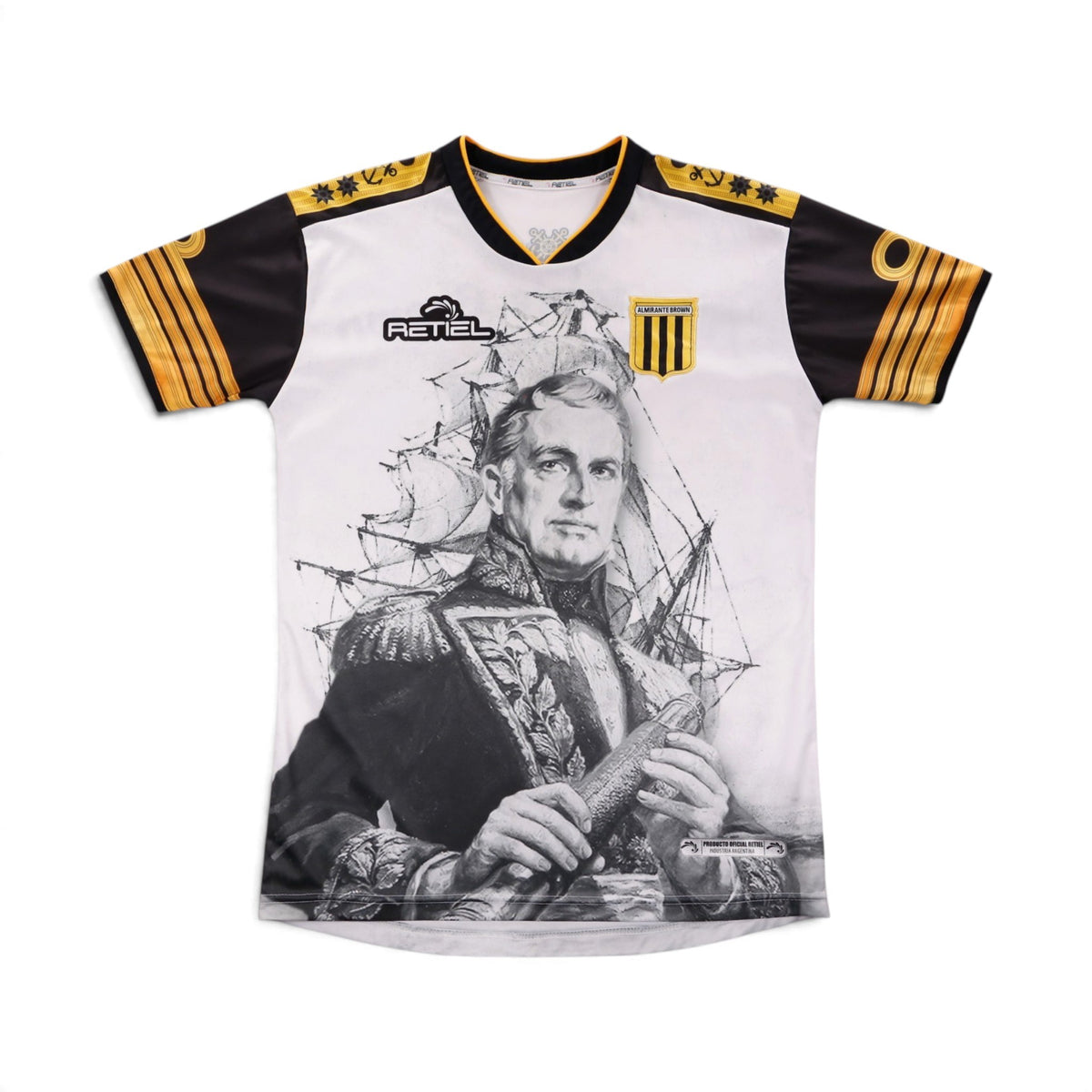 Front of the 2021 Club Almirante Brown special edition shirt with printed portrait and crest