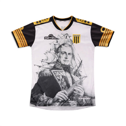Front of the 2021 Club Almirante Brown special edition shirt with printed portrait and crest