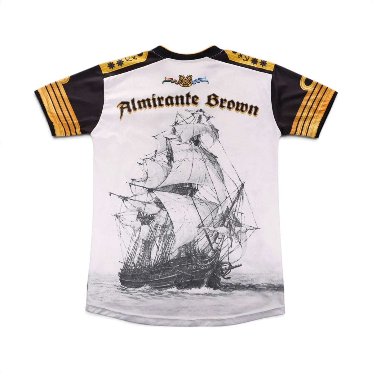 Back of the Club Almirante Brown shirt showing the wordmark and sailing ship print