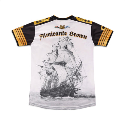 Back of the Club Almirante Brown shirt showing the wordmark and sailing ship print