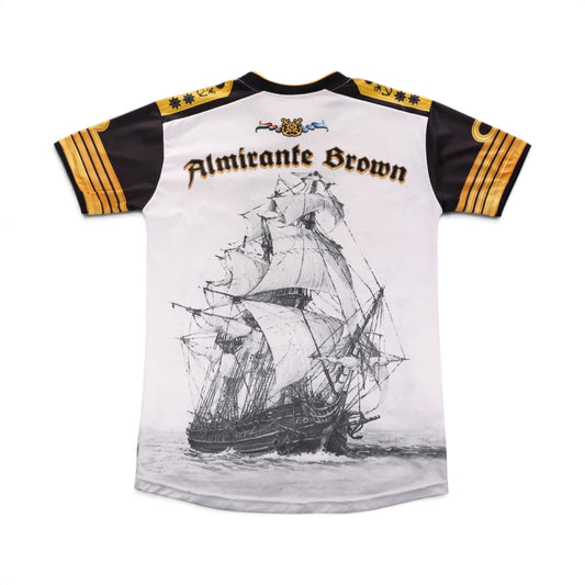 Back of the Club Almirante Brown shirt showing the wordmark and sailing ship print