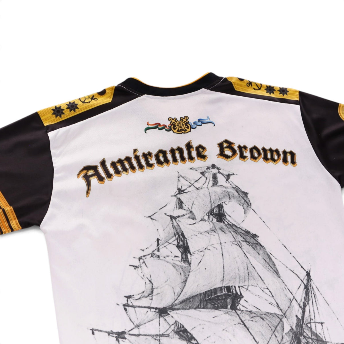 Close-up of the Almirante Brown back print and wordmark lettering