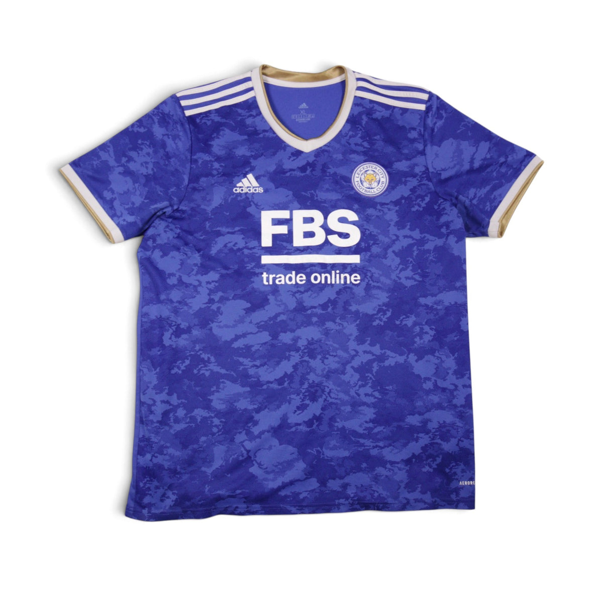 Front view of 2021/22 Leicester City adidas home shirt with FBS sponsor