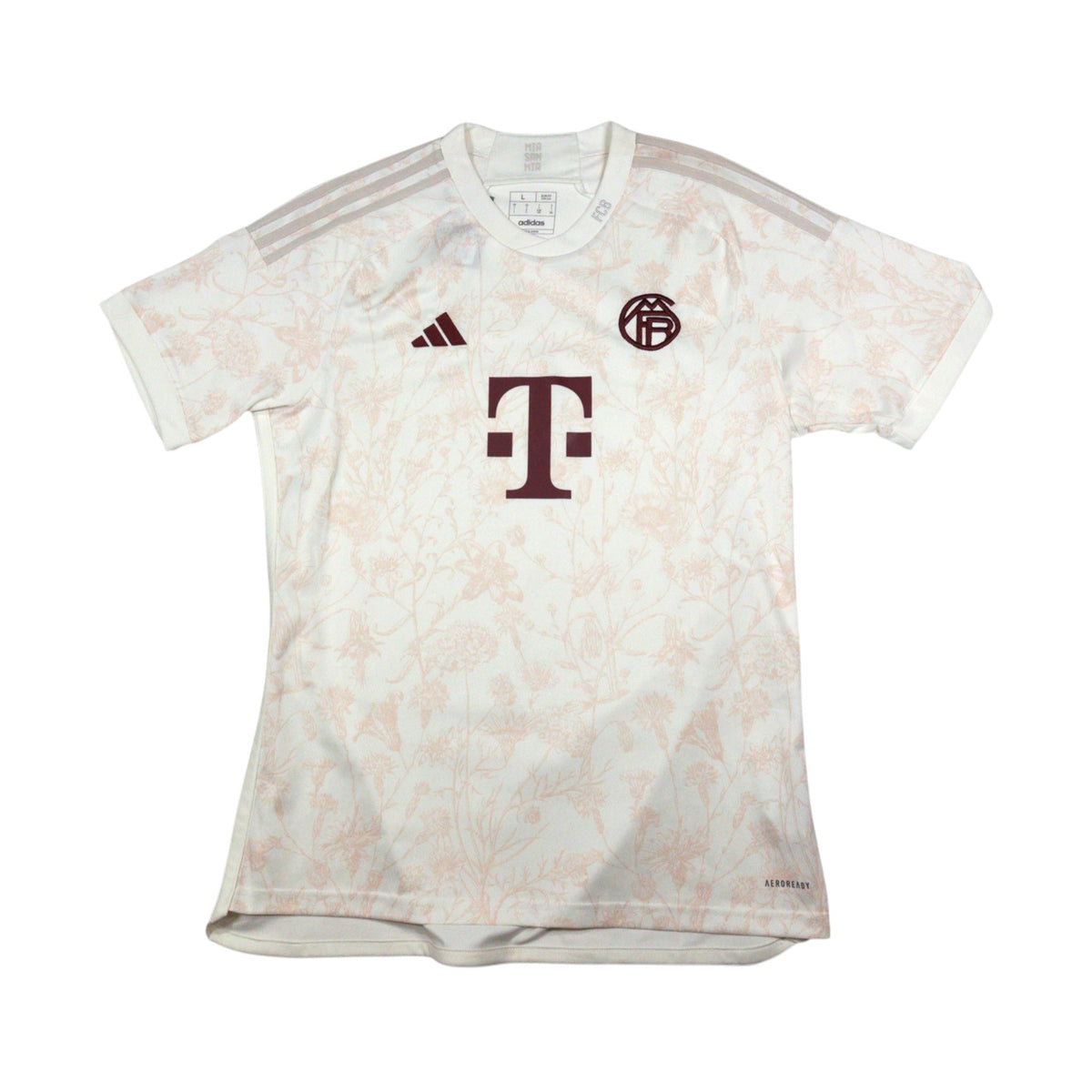 Bayern Munich 2023/24 adidas third shirt front view, off-white with floral print