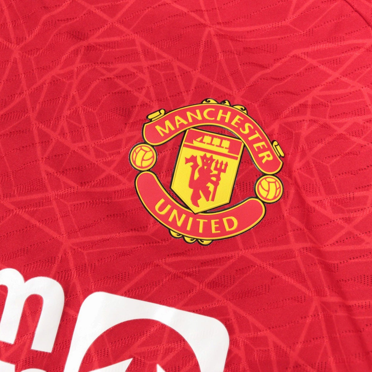Close-up of the Manchester United crest on the chest of the home shirt