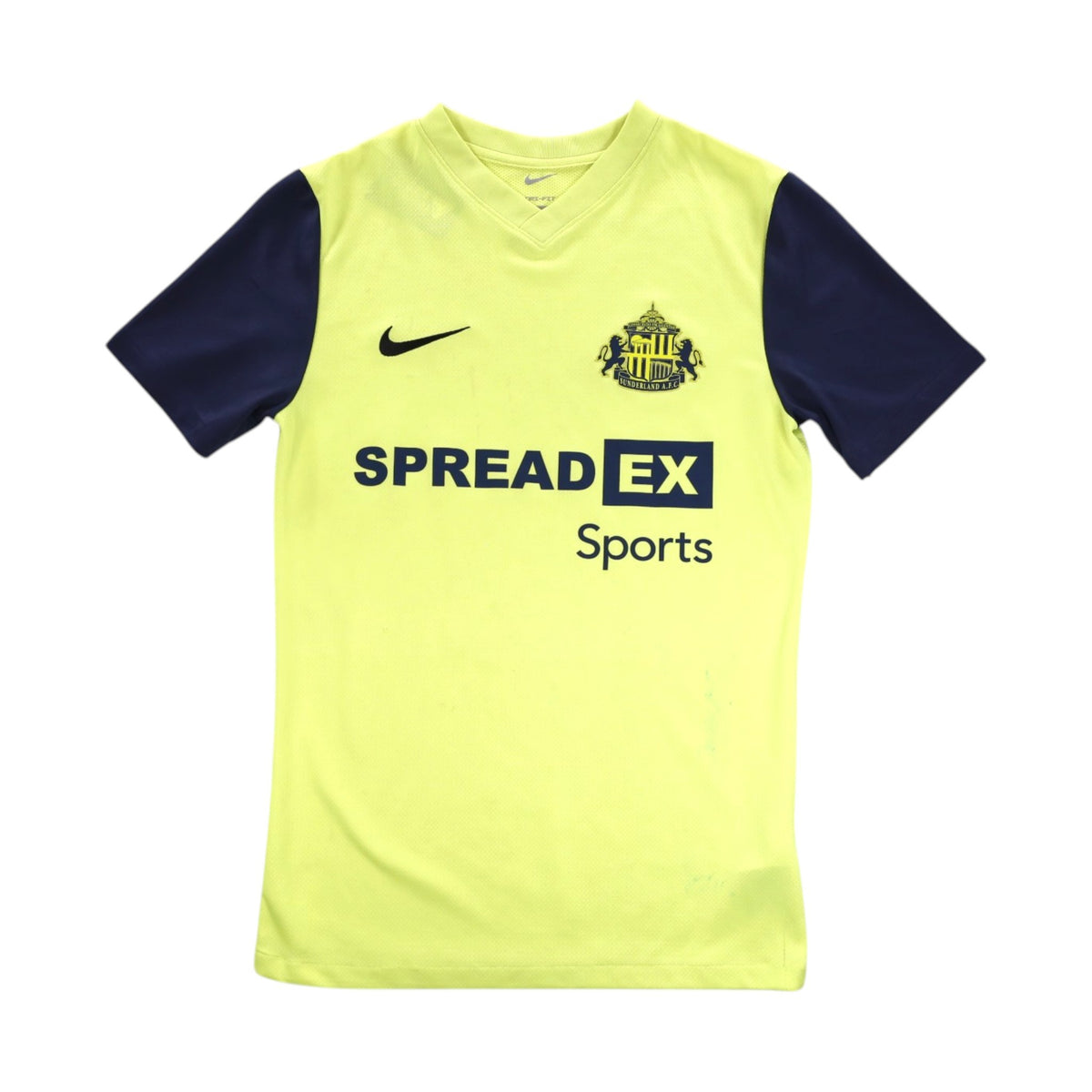 Sunderland AFC 2023/24 third shirt front view, yellow with navy sleeves and SpreadEx Sports sponsor