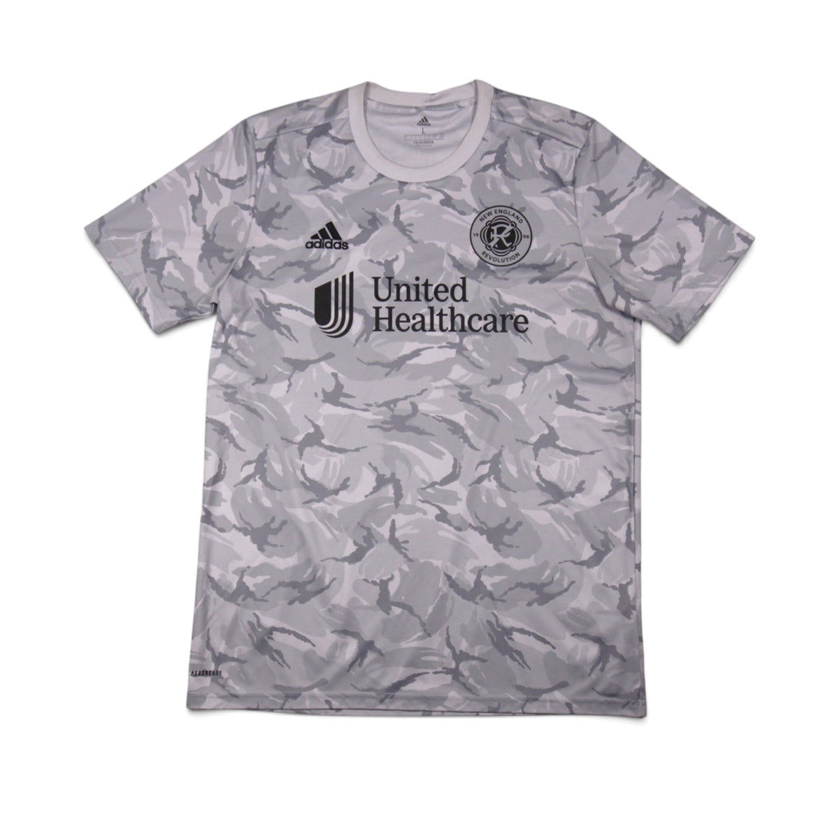 Front view of 2022/23 New England Revolution adidas away shirt with United Healthcare sponsor and grey camouflage design