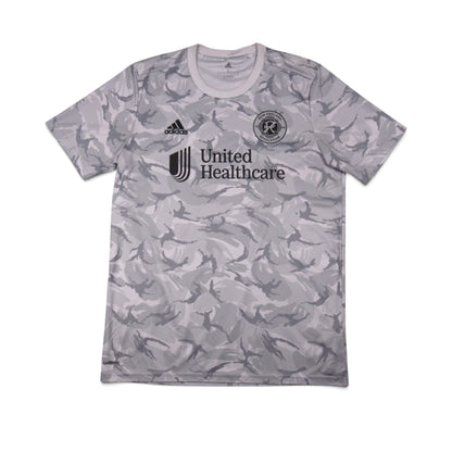 Front view of 2022/23 New England Revolution adidas away shirt with United Healthcare sponsor and grey camouflage design