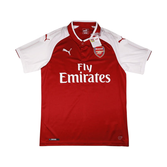 Arsenal 2017/18 home shirt front view with Fly Emirates sponsor and Arsenal crest