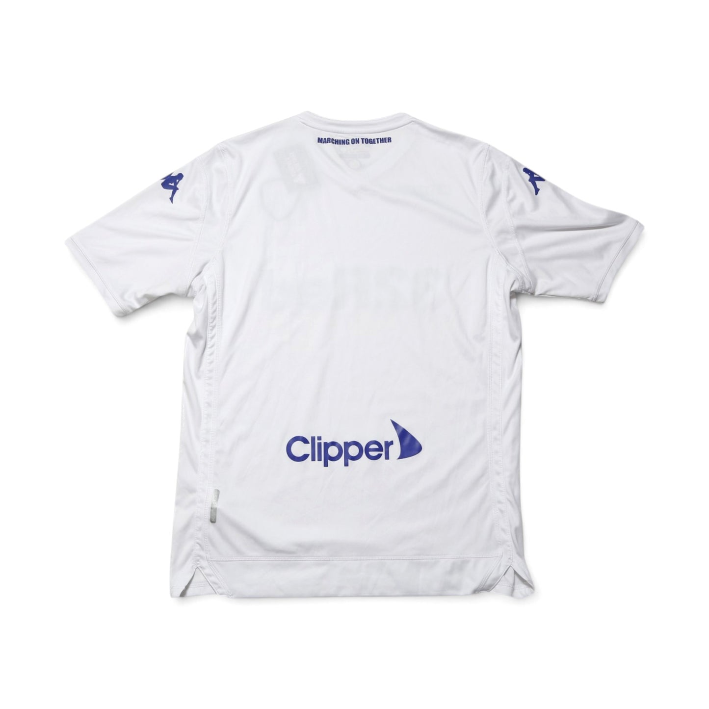 Leeds United shirt back detail with Clipper logo and 'Marching On Together' text
