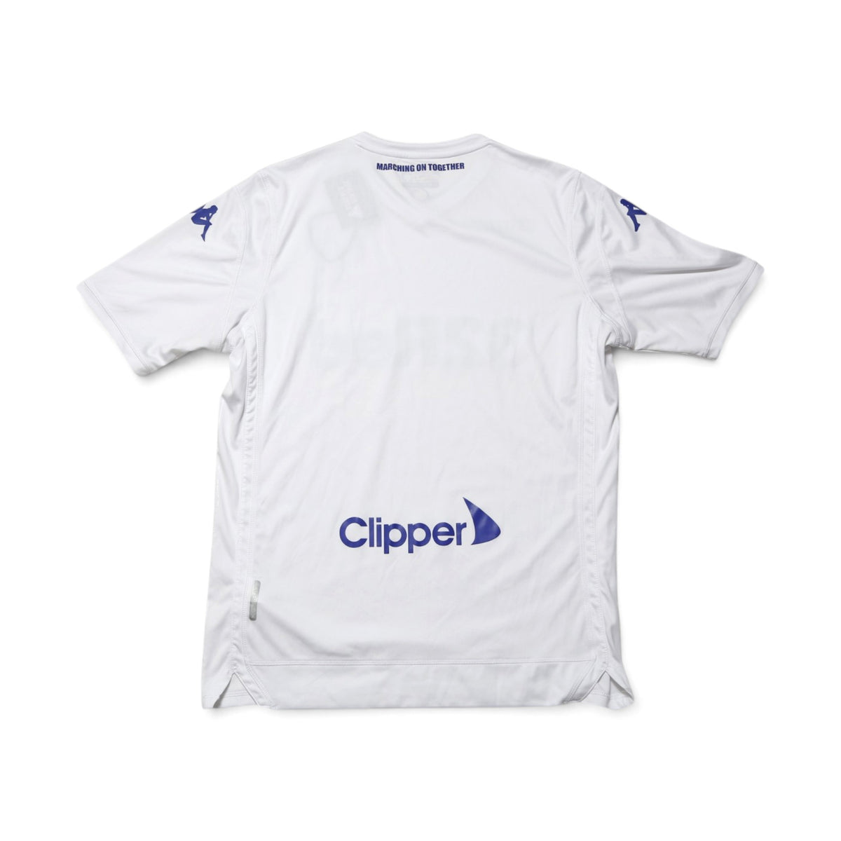 Leeds United shirt back detail with Clipper logo and 'Marching On Together' text
