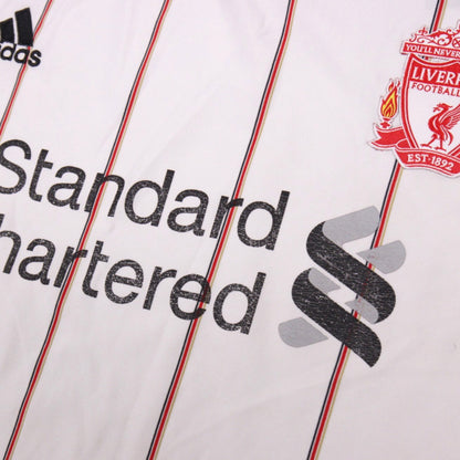 Close-up of Standard Chartered sponsor print and Liverpool crest on the shirt