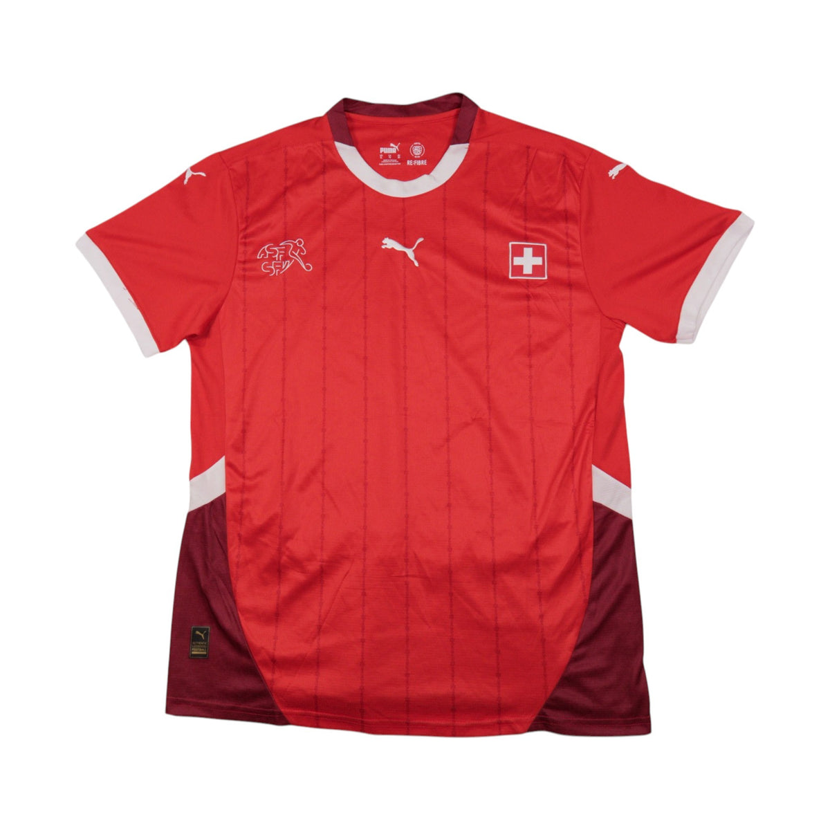 Switzerland 2024/25 home shirt front view, red with maroon side panels and Swiss cross crest