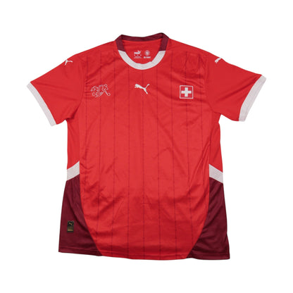Switzerland 2024/25 home shirt front view, red with maroon side panels and Swiss cross crest