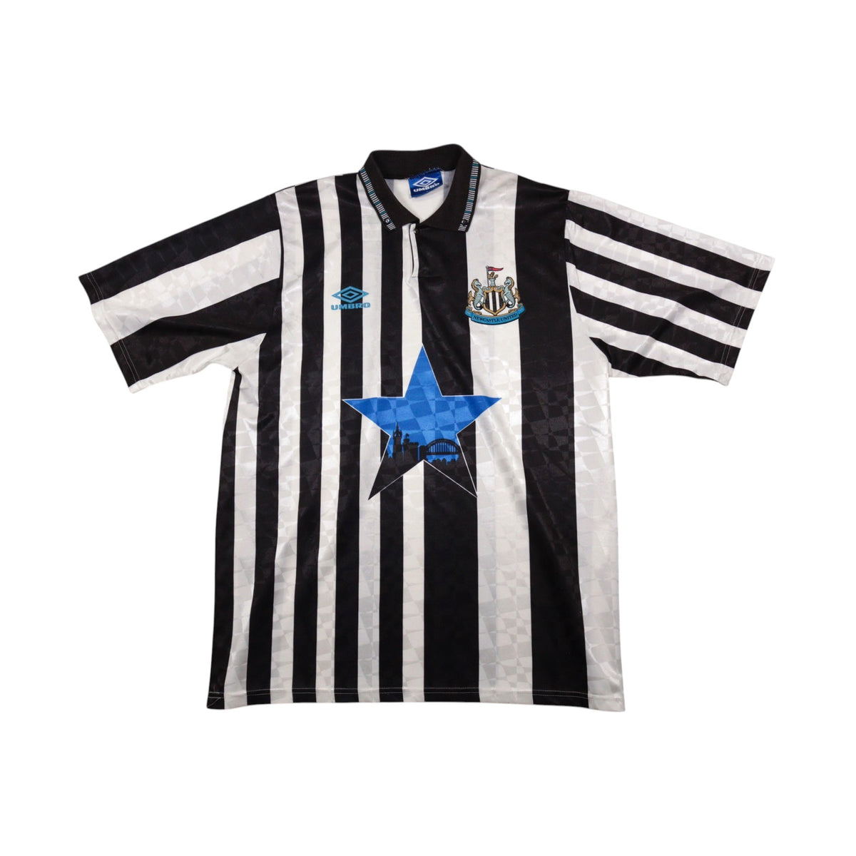 Newcastle United 1991/93 home shirt front view showing crest and star design