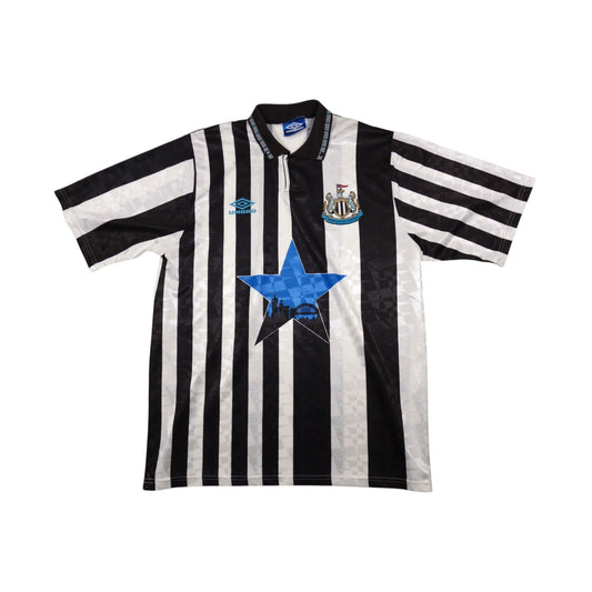 Newcastle United 1991/93 home shirt front view showing crest and star design