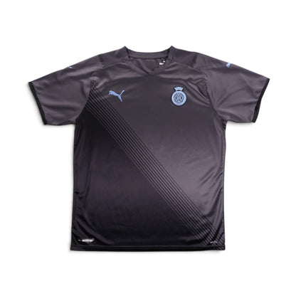 Front view of the 2021/22 Girona away shirt by Puma, dark grey with diagonal pinstripe panel and pale blue crest.