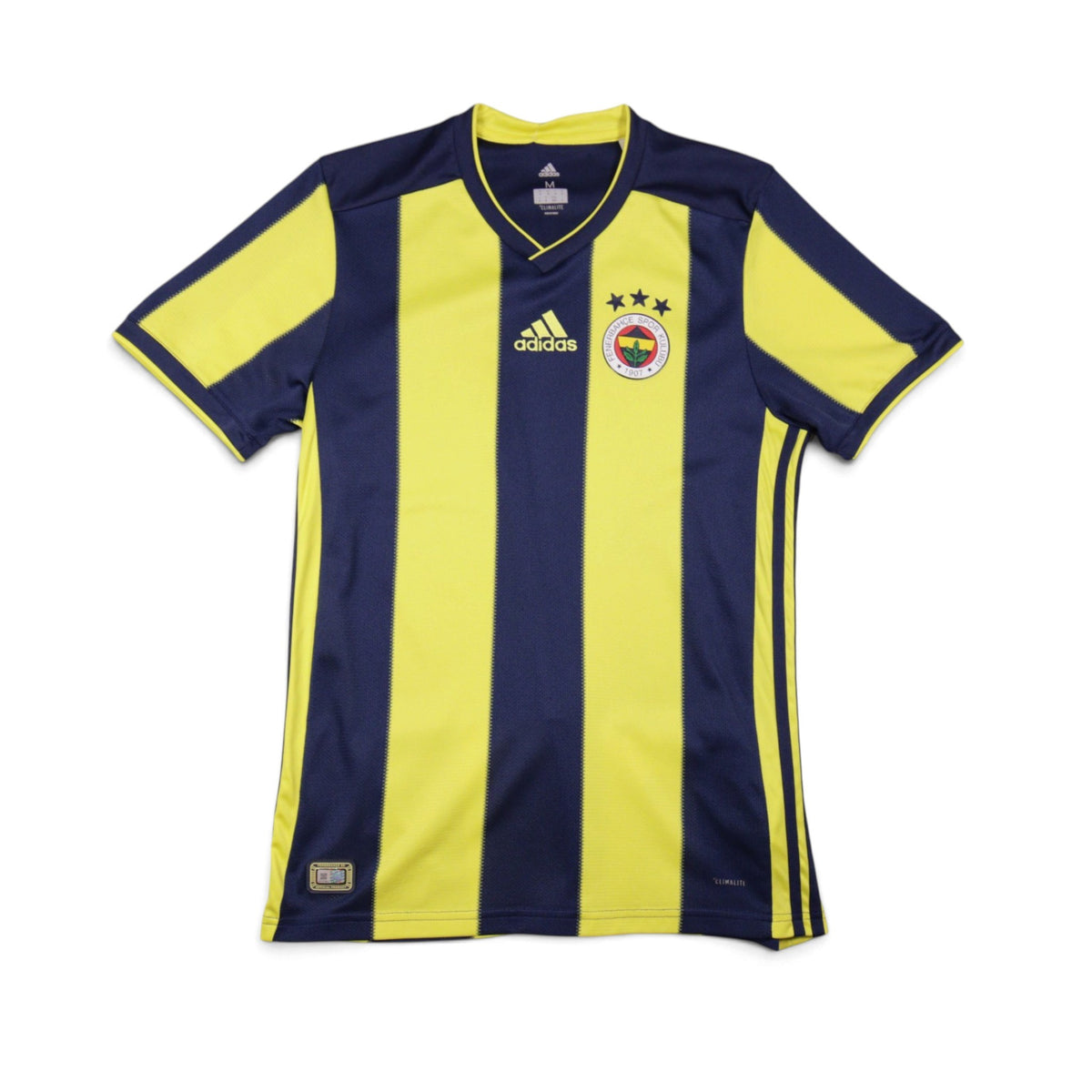 Fenerbahçe adidas home shirt front view, navy and yellow vertical stripes with crest and three stars