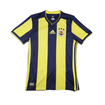 Fenerbahçe adidas home shirt front view, navy and yellow vertical stripes with crest and three stars