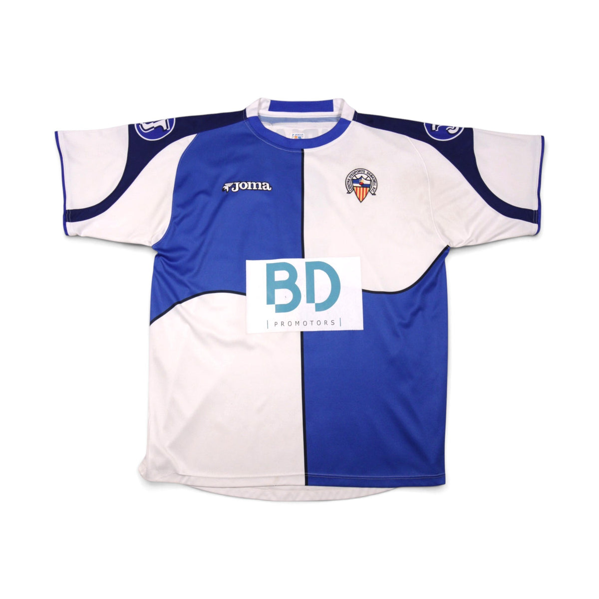 2005/06 Sabadell home shirt front view, blue and white quartered design with Joma logo and crest